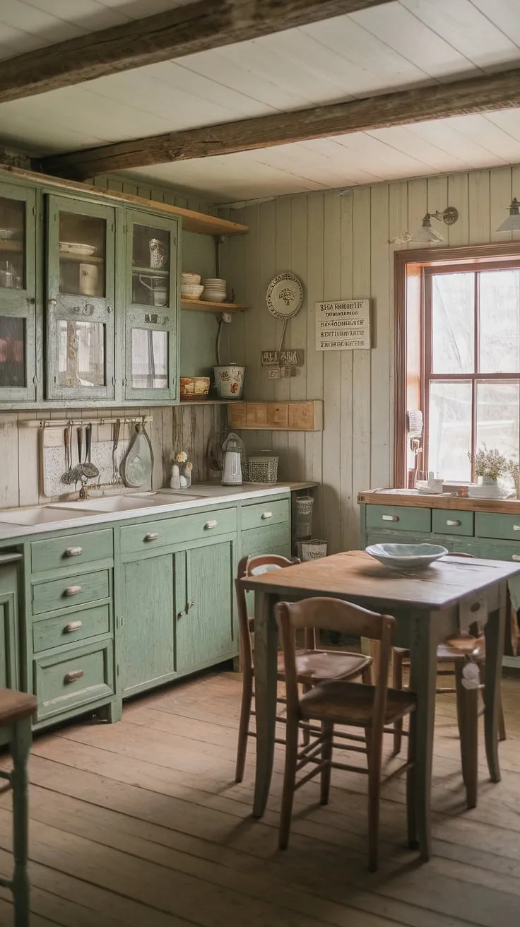 This old farmhouse kitchen, featuring rustic green cabinets and vintage decor, beautifully embodies traditional farmhouse style and offers inspiring ideas for a modern country kitchen renovation.