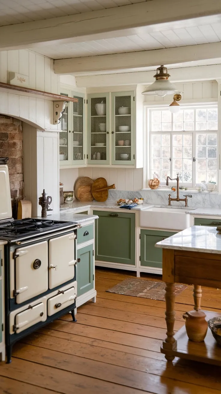Featuring a blend of rustic kitchen cabinets, a vintage stove, and elegant marble countertops, this old farmhouse kitchen embodies the essence of farmhouse kitchen design and innovative kitchen renovation ideas.