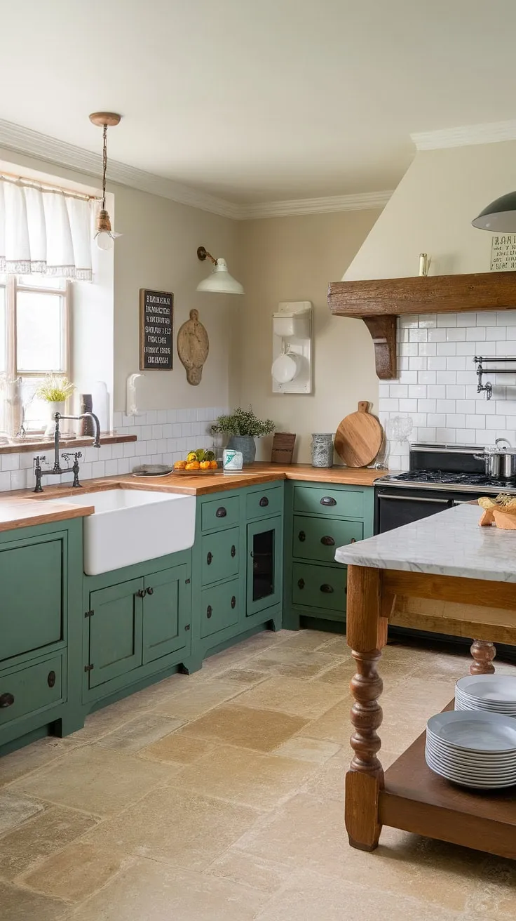 Featuring a blend of vintage kitchen decor and modern elements, this old farmhouse kitchen highlights green rustic cabinets and a wooden island, perfect for country kitchen inspiration.