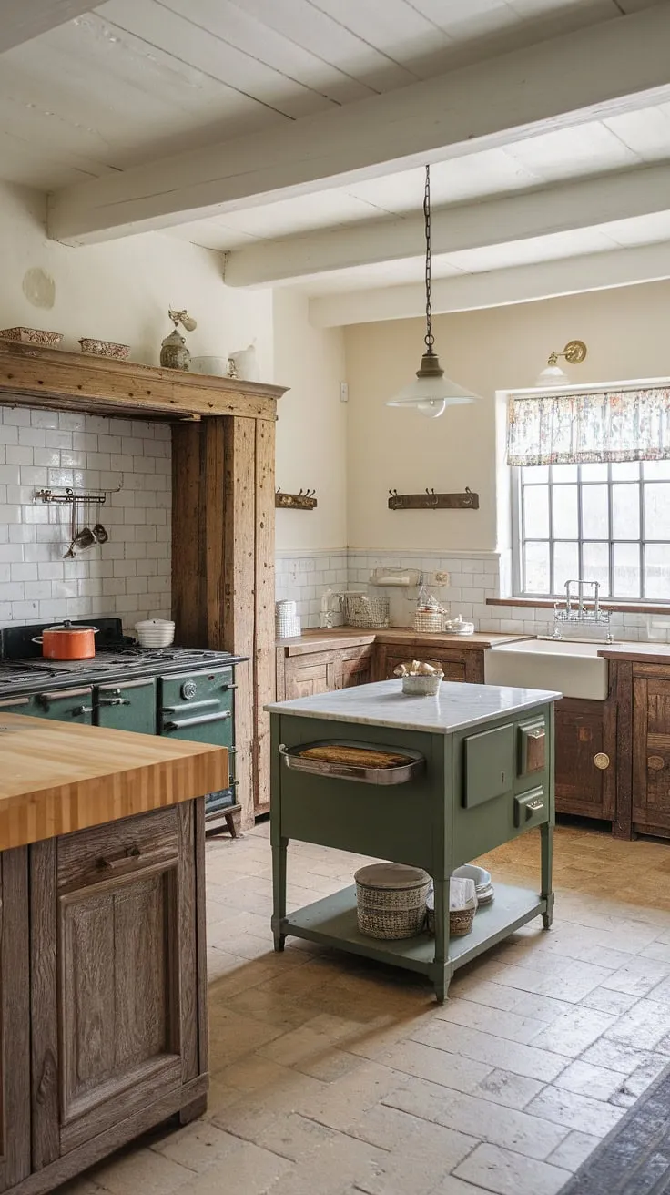 Featuring rustic wooden cabinets and a green island, this old farmhouse kitchen beautifully blends traditional farmhouse design with vintage kitchen decor, perfect for country kitchen inspiration.