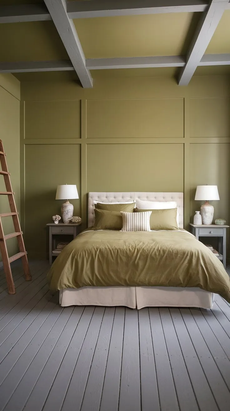 Featuring olive green walls and gray wood flooring, this olive green bedroom combines a queen-size bed with an olive green duvet and white pillows for a stylish olive and wood farmhouse vibe.