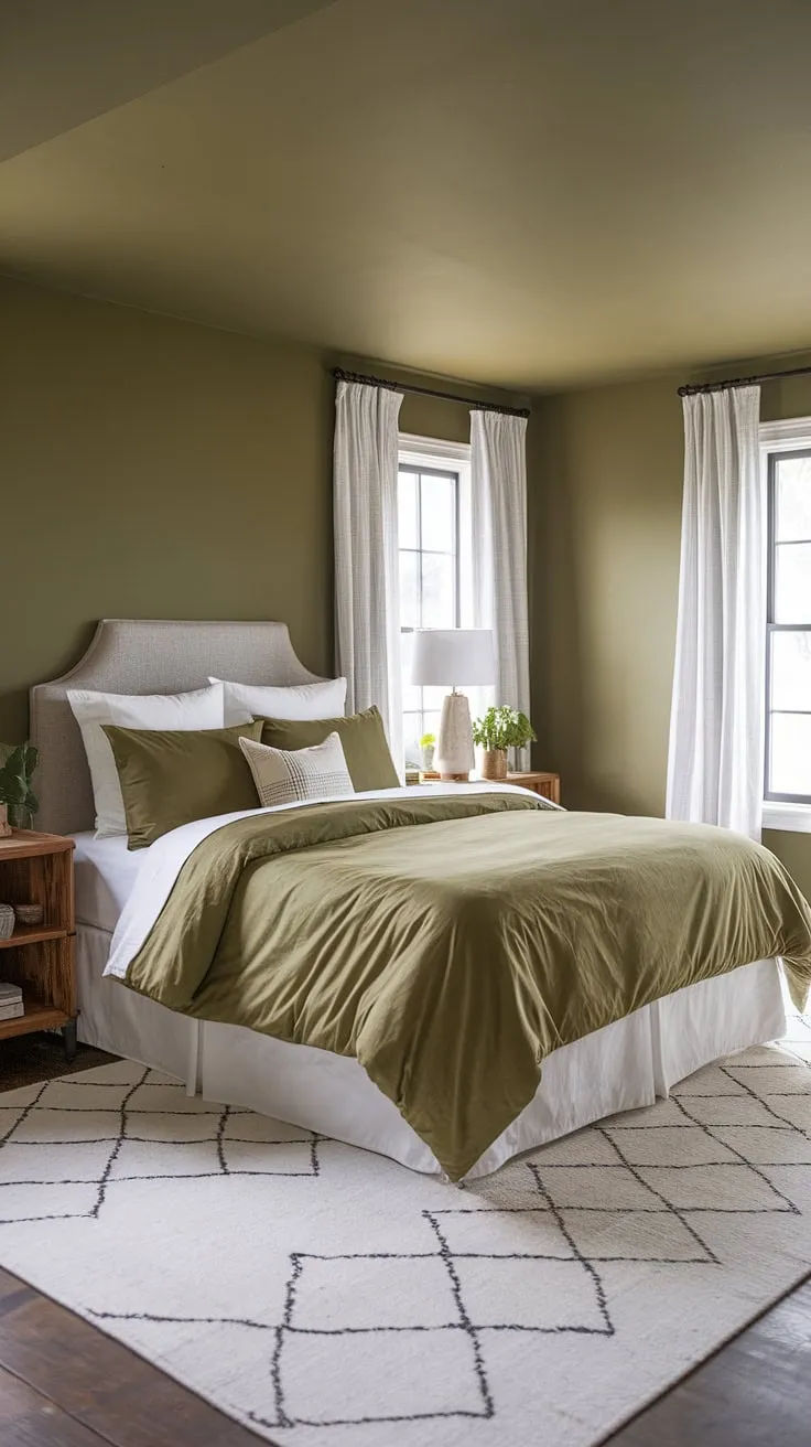 This olive green bedroom showcases a cozy farmhouse aesthetic with olive green linen bedding, gray and green walls, and earth-toned decor, perfect for olive green and white bedroom ideas.