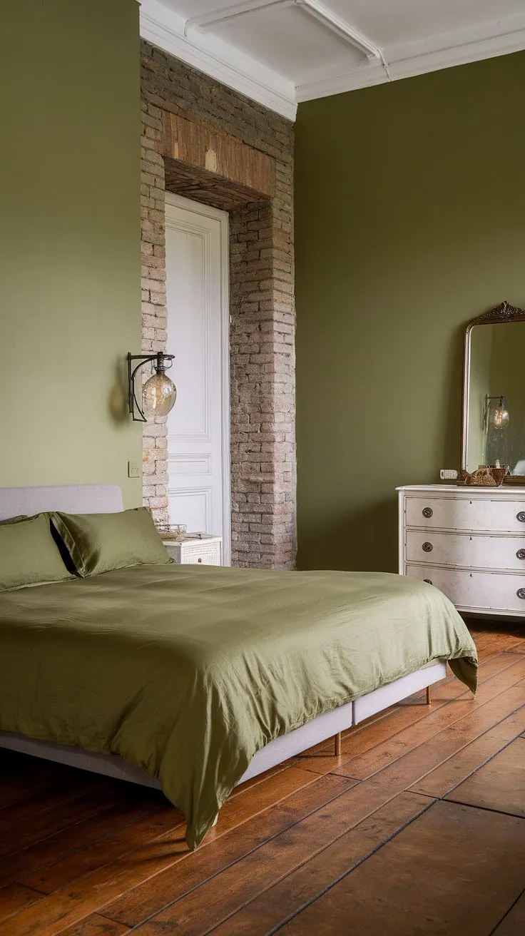 This master bedroom features olive green walls and an olive green duvet, harmonizing with rustic elements like wooden floors and exposed brick to create a cozy olive green apartment aesthetic.