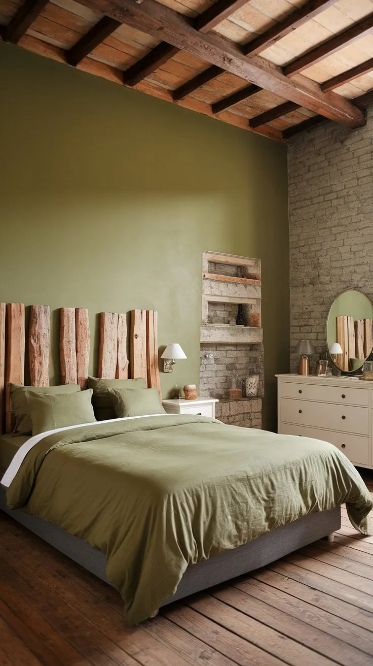 This farmhouse-style bedroom showcases olive green walls and an olive green duvet, complemented by wooden beams and a rustic aesthetic, perfect for an olive green apartment aesthetic.