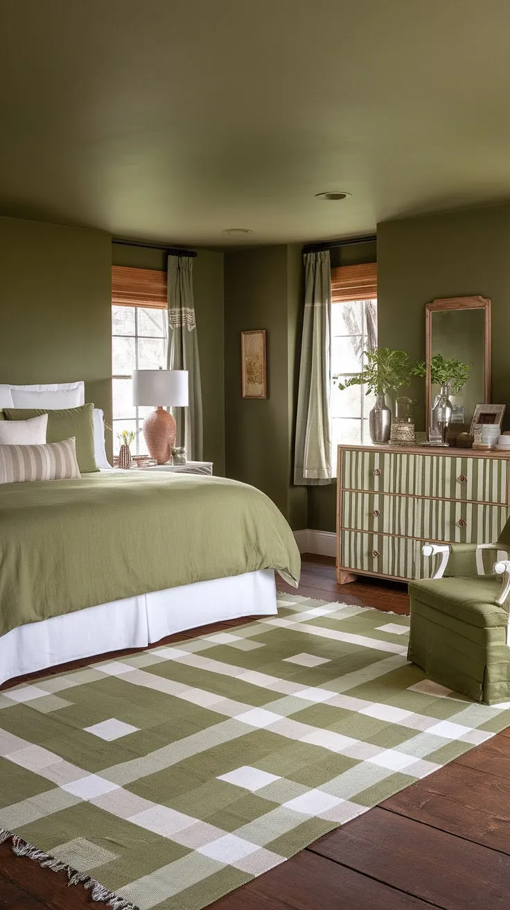 Featuring olive green linen bedding and rustic decor, this earth-toned bedroom combines olive and wood elements for a stylish gray and green walls look.