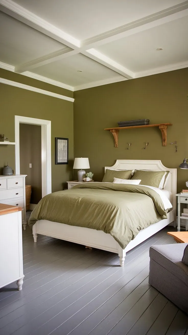 This olive green bedroom features olive green linen bedding and a farmhouse aesthetic, complemented by gray and green walls, creating a stylish earth-toned retreat.