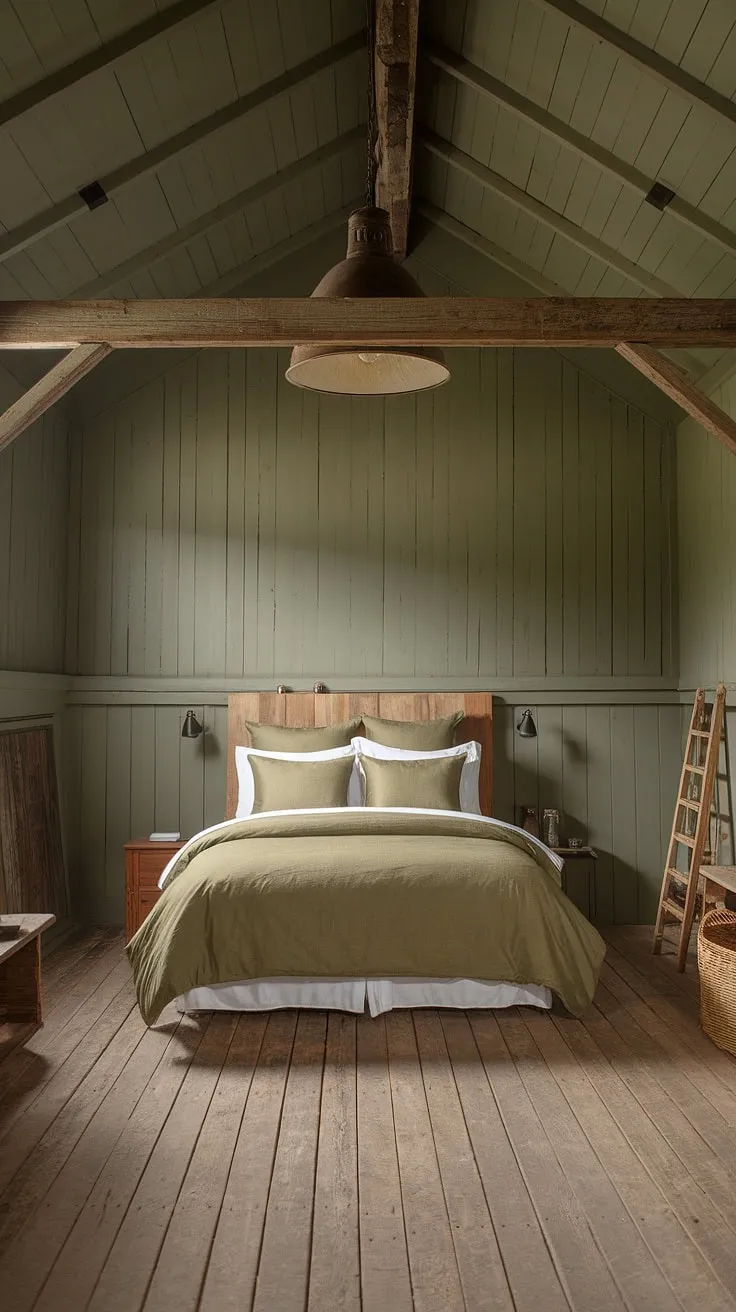 The olive green and white bedroom ideas come to life in this charming space, showcasing olive green linen bedding and a warm, inviting atmosphere.