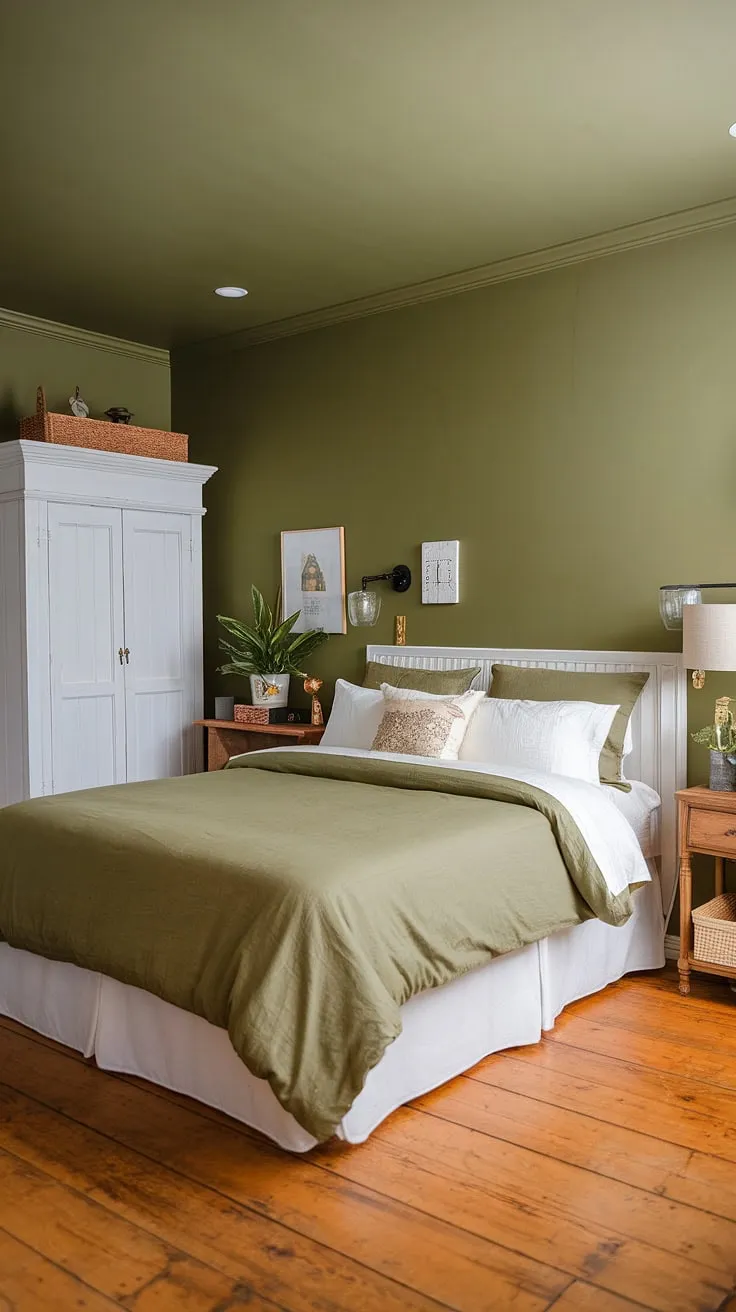 This olive green bedroom features a cozy farmhouse aesthetic with an olive green duvet, white pillows, and earthy wood accents, creating a harmonious olive green and white bedroom idea.
