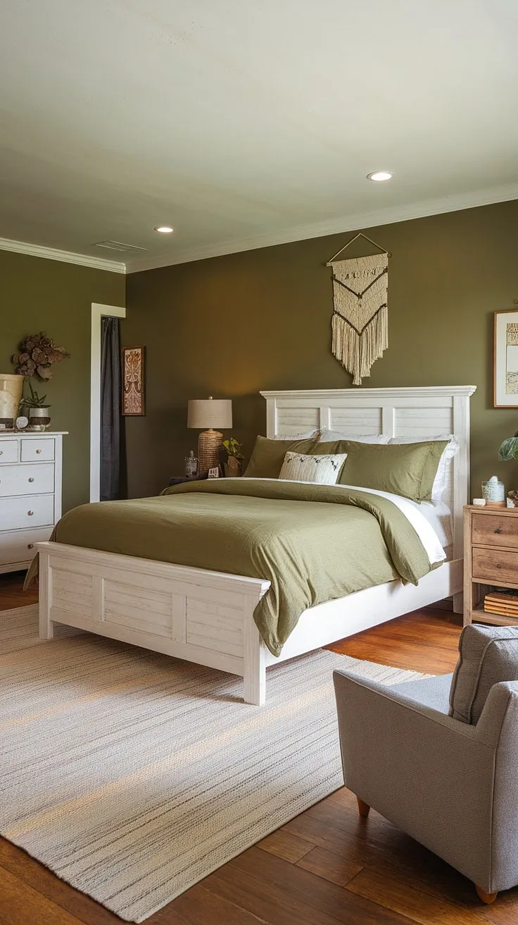 This olive green bedroom features olive green linen bedding and gray and green walls, creating a cozy earth-toned aesthetic with farmhouse charm.
