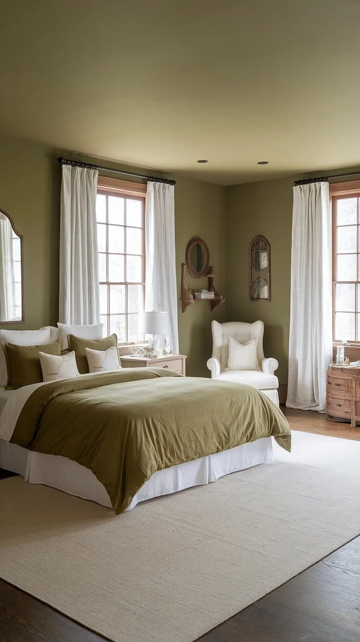 This olive green bedroom features a cozy olive green duvet, white accents, and earthy tones, creating a stylish olive green apartment aesthetic with farmhouse charm.