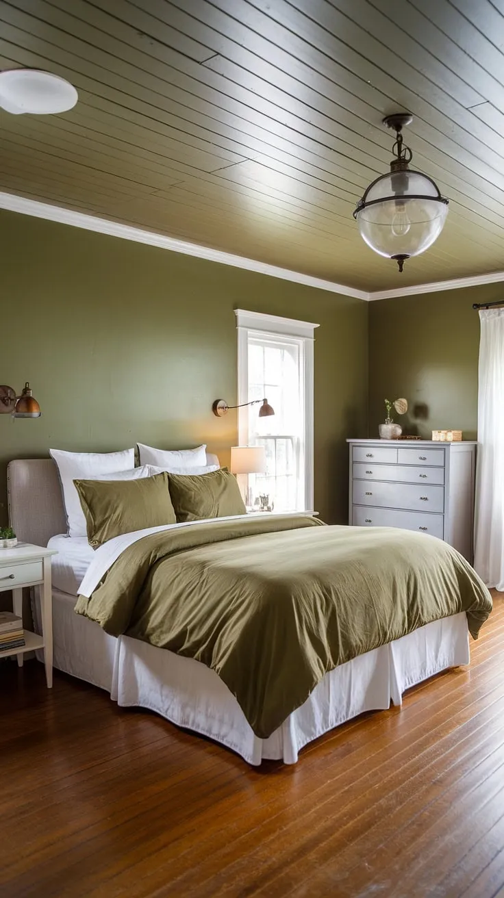 The olive green duvet and white sheets complement the olive green and white bedroom ideas, while the wood-plank ceiling and gray dresser enhance the olive and wood bedroom vibe.