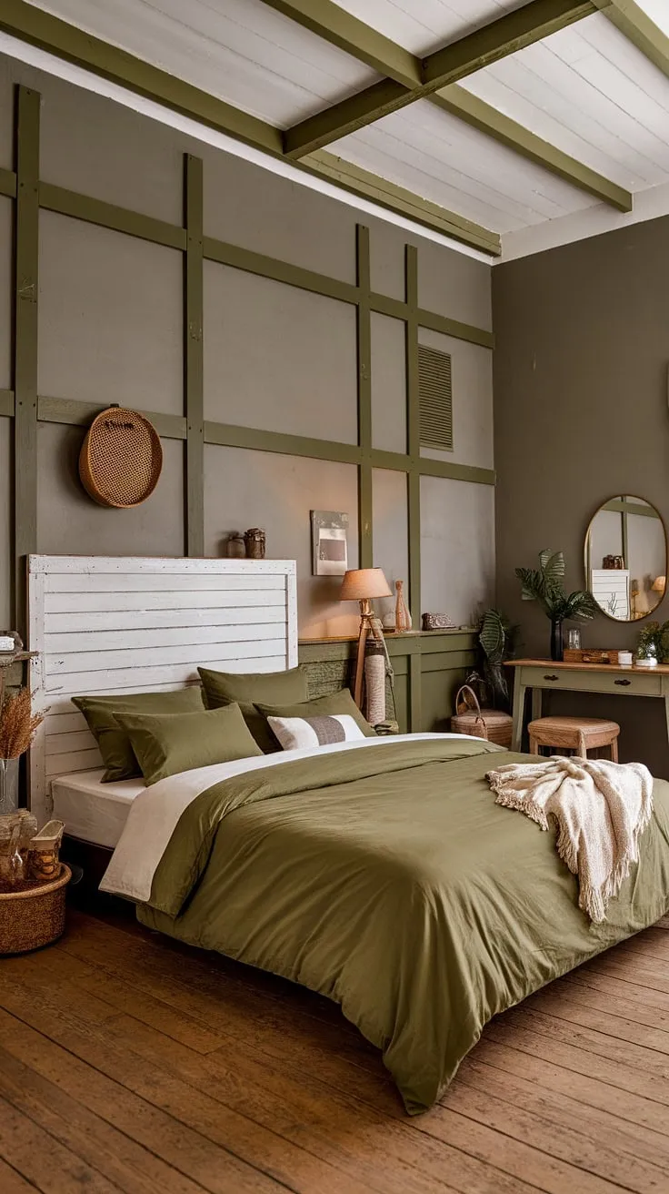The rustic charm of this olive green apartment aesthetic features an olive green duvet, gray and green walls, and wooden elements, creating a warm and inviting space.