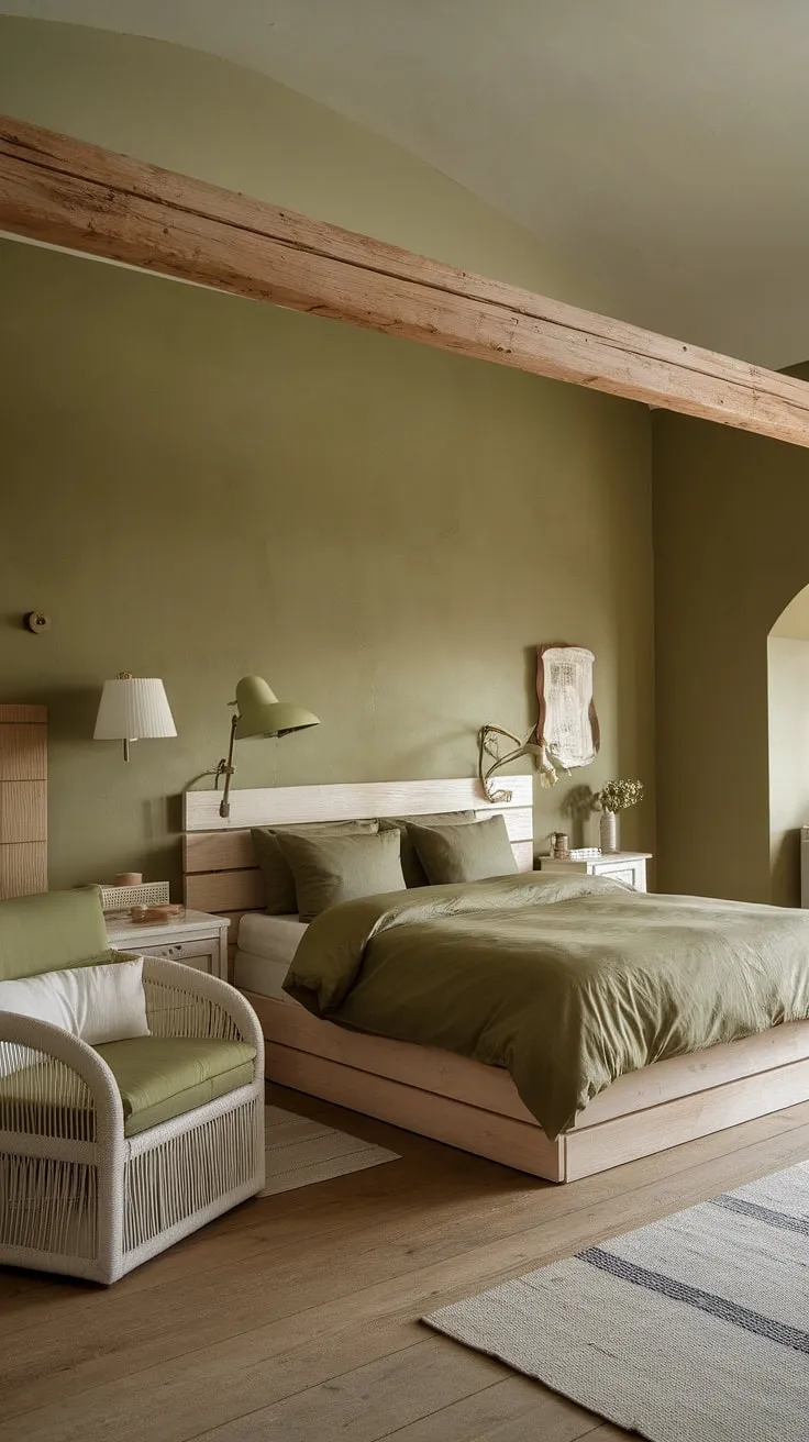 The olive green and white bedroom ideas come to life in this charming space, showcasing olive green linen bedding and a harmonious blend of gray and green walls.