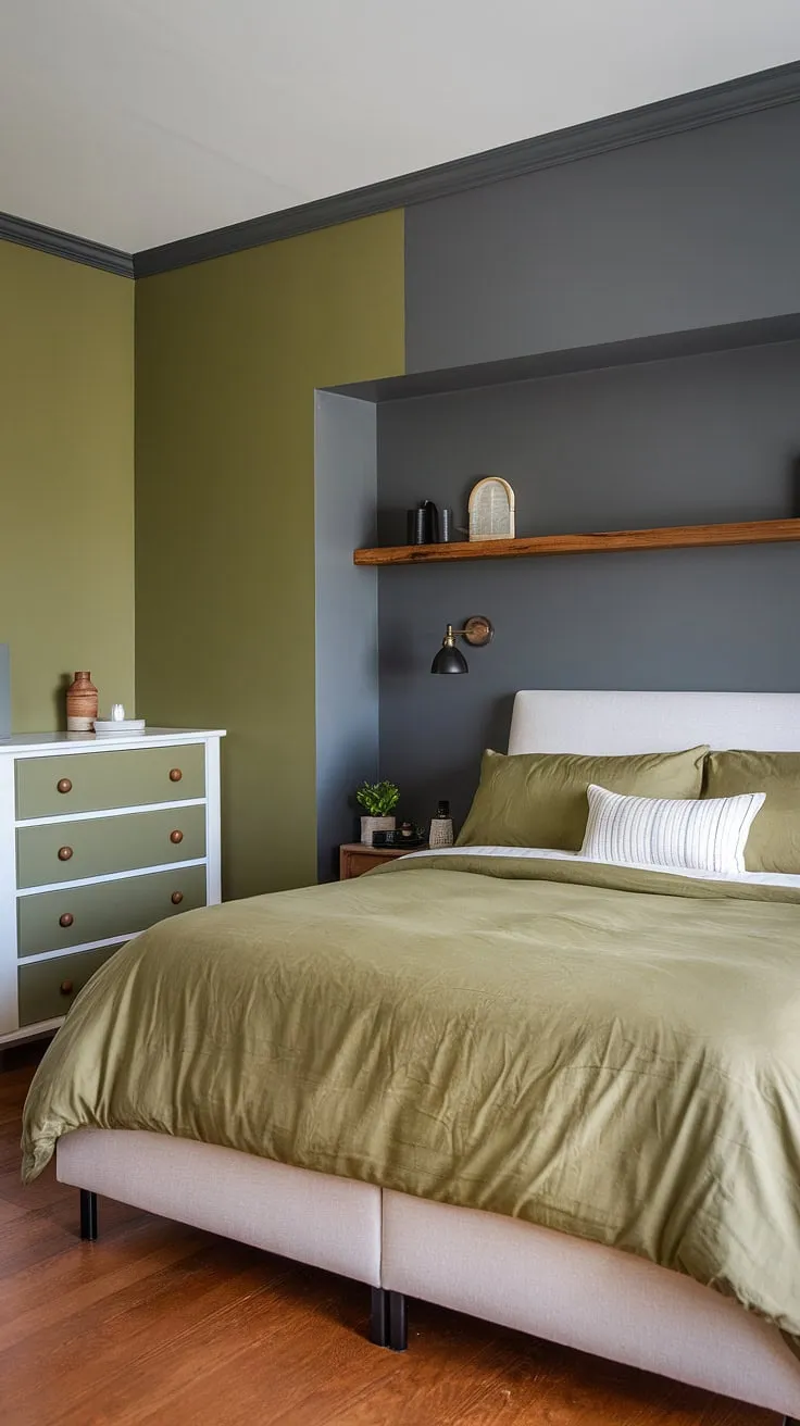 This master bedroom showcases an olive green and gray color scheme with an olive green duvet, white pillows, and wood accents, perfectly embodying the olive green apartment aesthetic and earth-toned bedroom vibes.