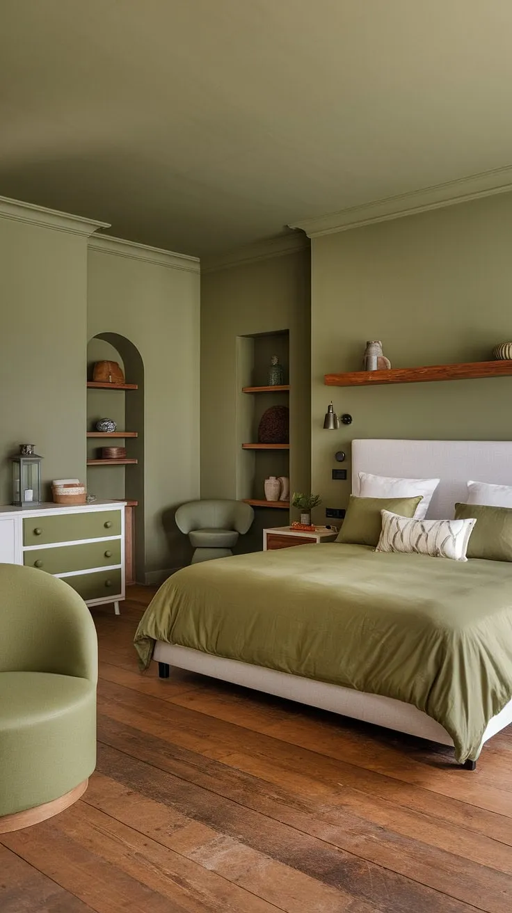 This olive green bedroom showcases a harmonious blend of olive green linen bedding, gray and green walls, and earthy wooden accents, creating a stylish olive green apartment aesthetic.