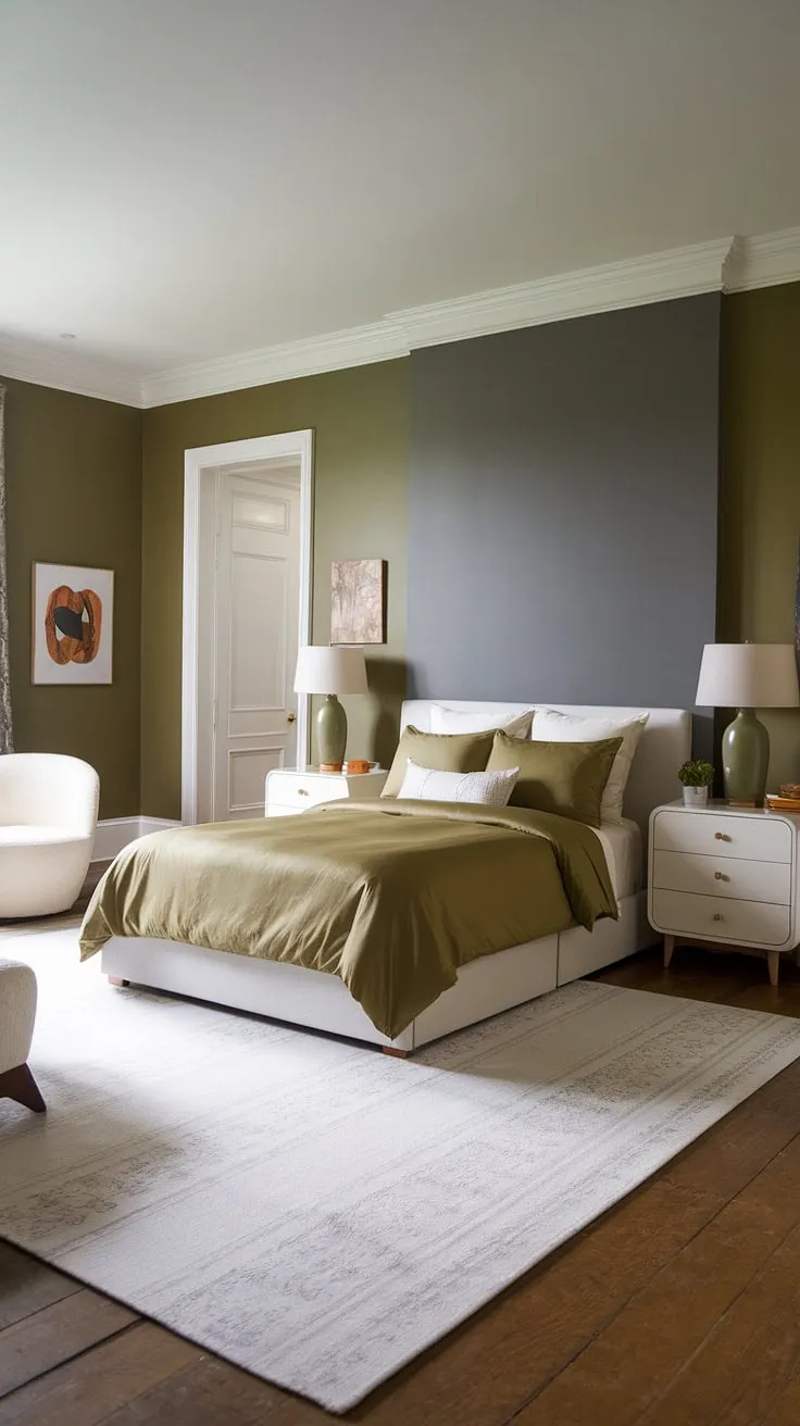 The olive green and white bedroom ideas come to life with a queen-size bed, wooden floors, and soft lighting, perfect for a chic olive green farmhouse bedroom.