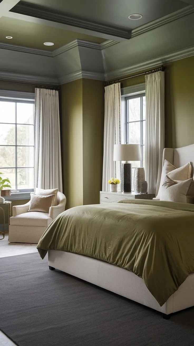 With olive green walls and a gray ceiling, this olive green apartment aesthetic showcases a chic blend of olive and wood elements, perfect for a modern farmhouse vibe.