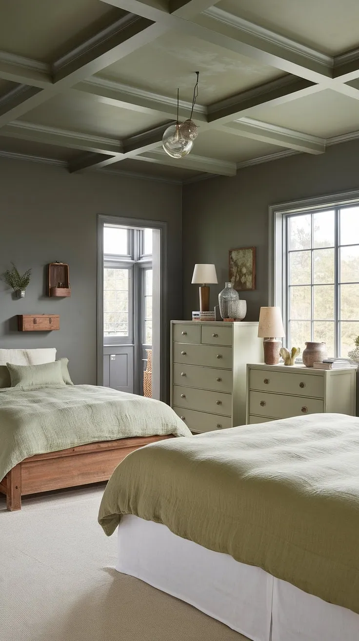 The olive green duvet and white accents in this olive and wood bedroom enhance the inviting atmosphere of the master bedroom, perfectly complementing the gray ceiling and decorative elements.