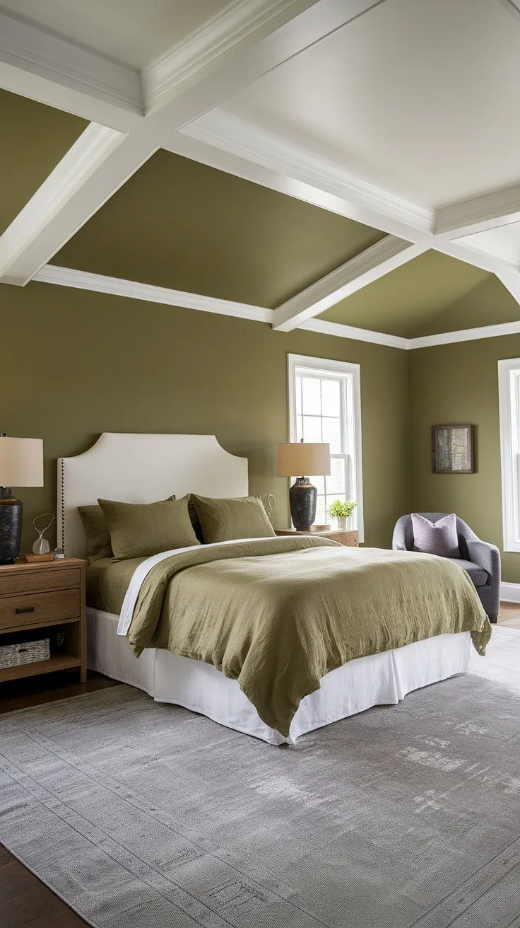With olive green walls and a white ceiling, this olive green apartment aesthetic showcases a harmonious blend of olive and wood elements alongside gray and green accents for a stylish bedroom design.