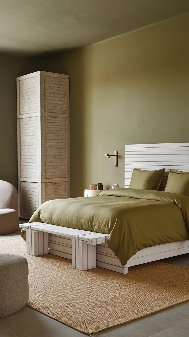 This olive green bedroom features olive green walls and duvet, complemented by earth-toned furniture and a cozy beige rug, creating a stylish olive green apartment aesthetic.