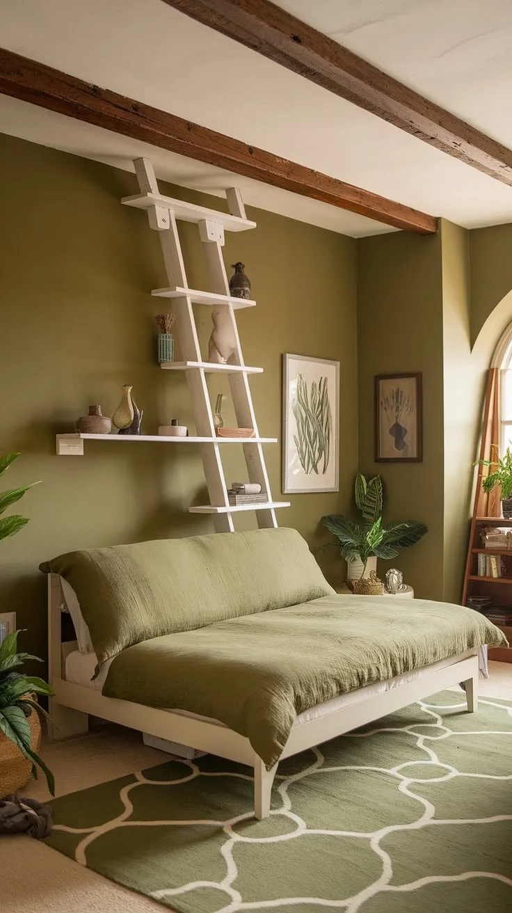 This olive green bedroom features olive green linen bedding on a white futon, complemented by gray and green walls, rustic wooden beams, and a cozy earth-toned aesthetic.