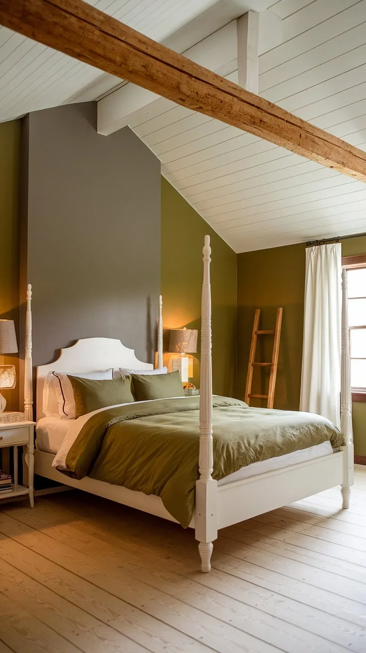 The olive green and white bedroom ideas shine through in this inviting space, where olive green linen bedding and light wood accents enhance the overall olive and wood bedroom vibe.