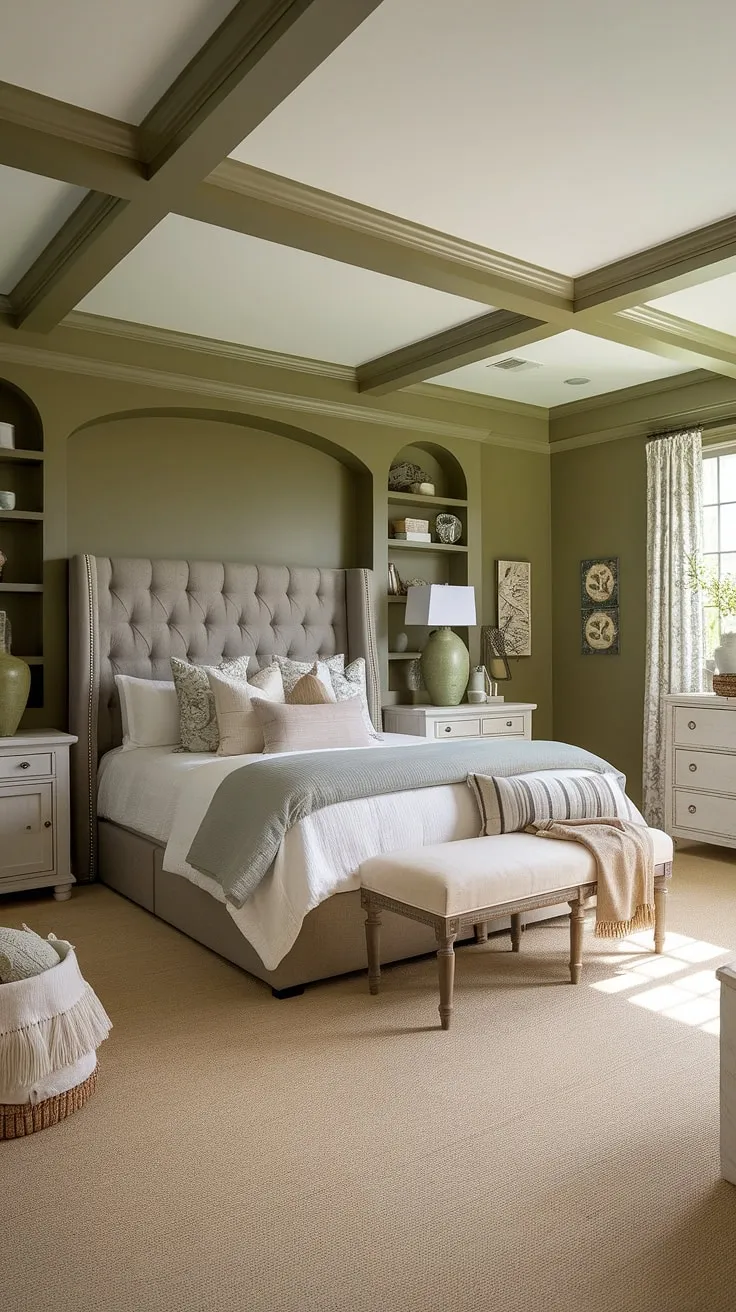 This olive green bedroom features a cozy farmhouse aesthetic with olive green linen bedding, gray and green walls, and stylish decor that enhances the olive green apartment aesthetic.