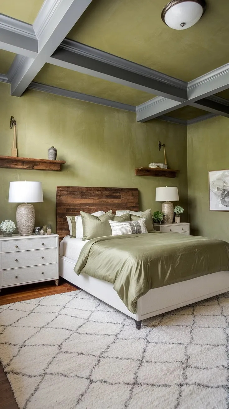This master bedroom features olive green walls and gray accents, complemented by an olive green duvet and wooden elements, creating a stylish olive green apartment aesthetic.