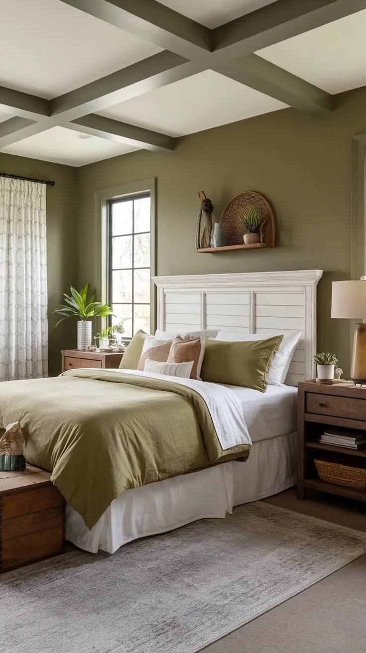 This olive green bedroom features a farmhouse aesthetic with olive green linen bedding, a white wooden headboard, and gray and green walls, creating a cozy earth-toned retreat.