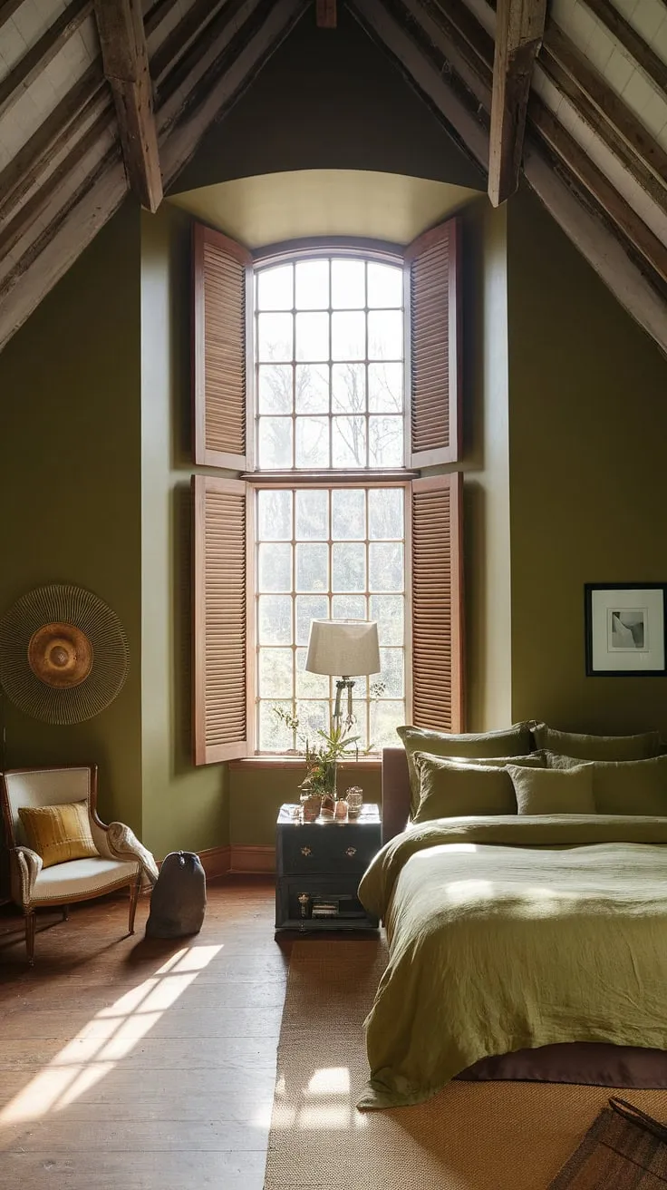 This olive green bedroom features a cozy farmhouse aesthetic with olive green linen bedding, wood accents, and gray and green walls, creating an inviting earth-toned retreat.