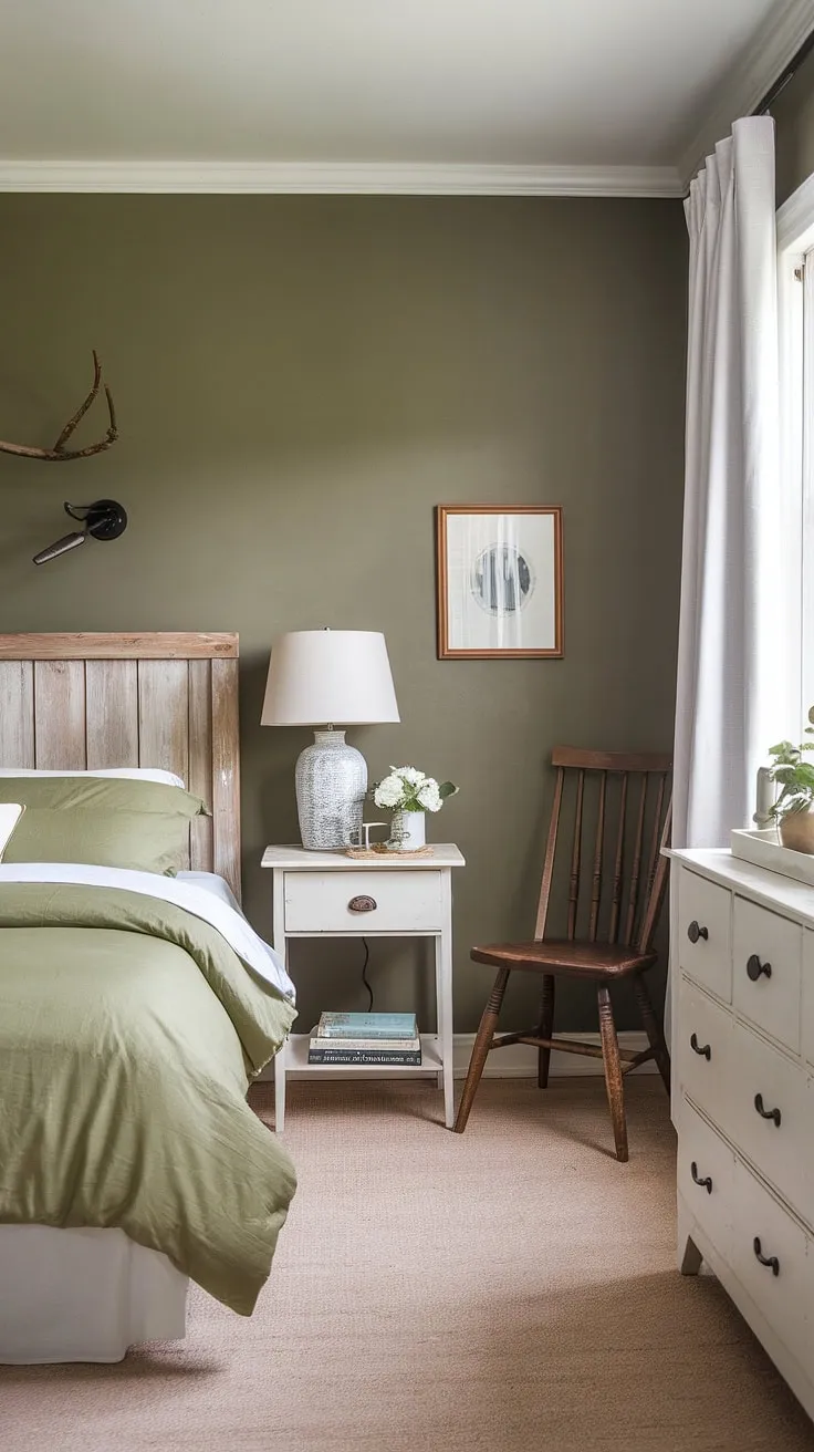 This olive green bedroom features a farmhouse aesthetic with an olive green duvet, gray walls, and earthy wood accents, creating a cozy olive green apartment aesthetic.