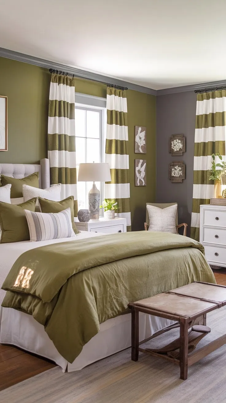 This olive green bedroom features a harmonious blend of olive green walls and gray accents, complemented by rustic wooden furniture and olive green linen bedding for a cozy farmhouse aesthetic.