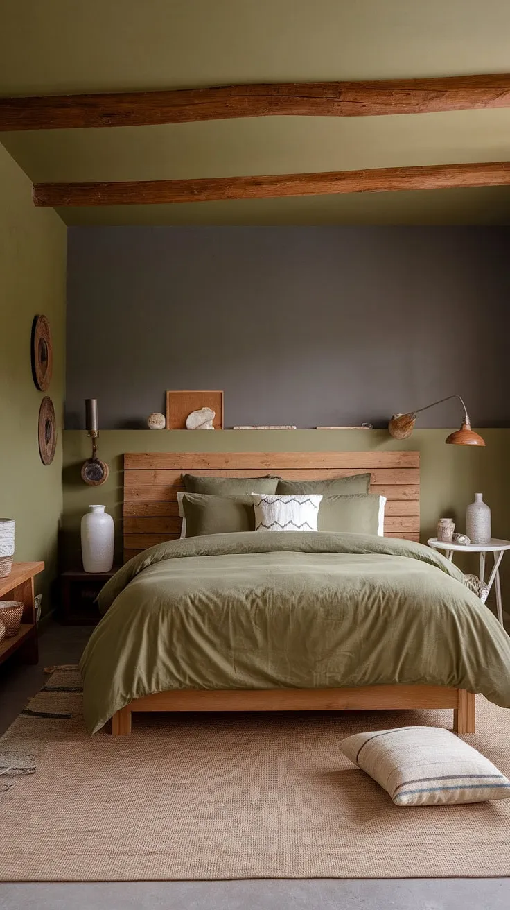 This earth-toned bedroom features olive green walls and a gray accent wall, complemented by an olive green duvet and wooden elements for a cozy farmhouse aesthetic.