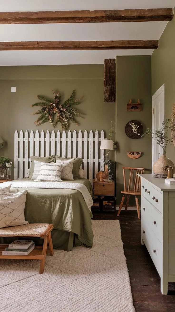 The olive green and white bedroom ideas come to life in this charming space, showcasing a blend of earth tones and rustic elements with a white wool rug and wooden accents.