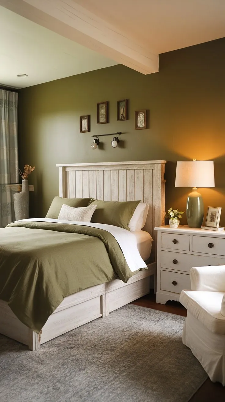 The olive green and white bedroom ideas come to life in this inviting space, showcasing olive green linen bedding and a harmonious blend of wood and gray elements.