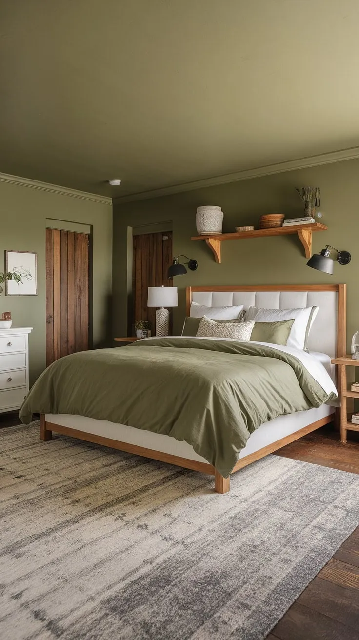 This olive green bedroom features a cozy olive green duvet on a white bed with wood frames, complemented by gray and green walls and earthy wooden elements, creating a stylish olive green apartment aesthetic.