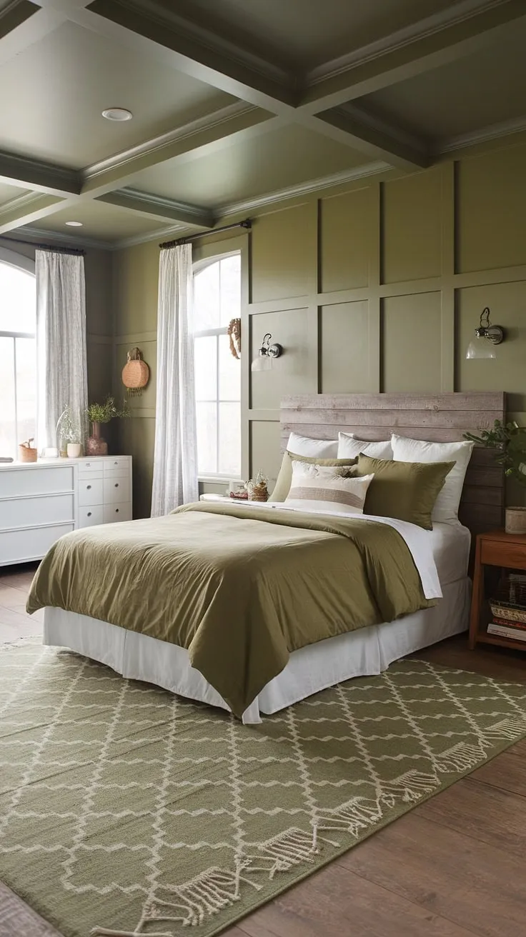 This olive green bedroom features gray accents and earth-toned decor, showcasing an olive green duvet, wooden elements, and a cozy farmhouse aesthetic.