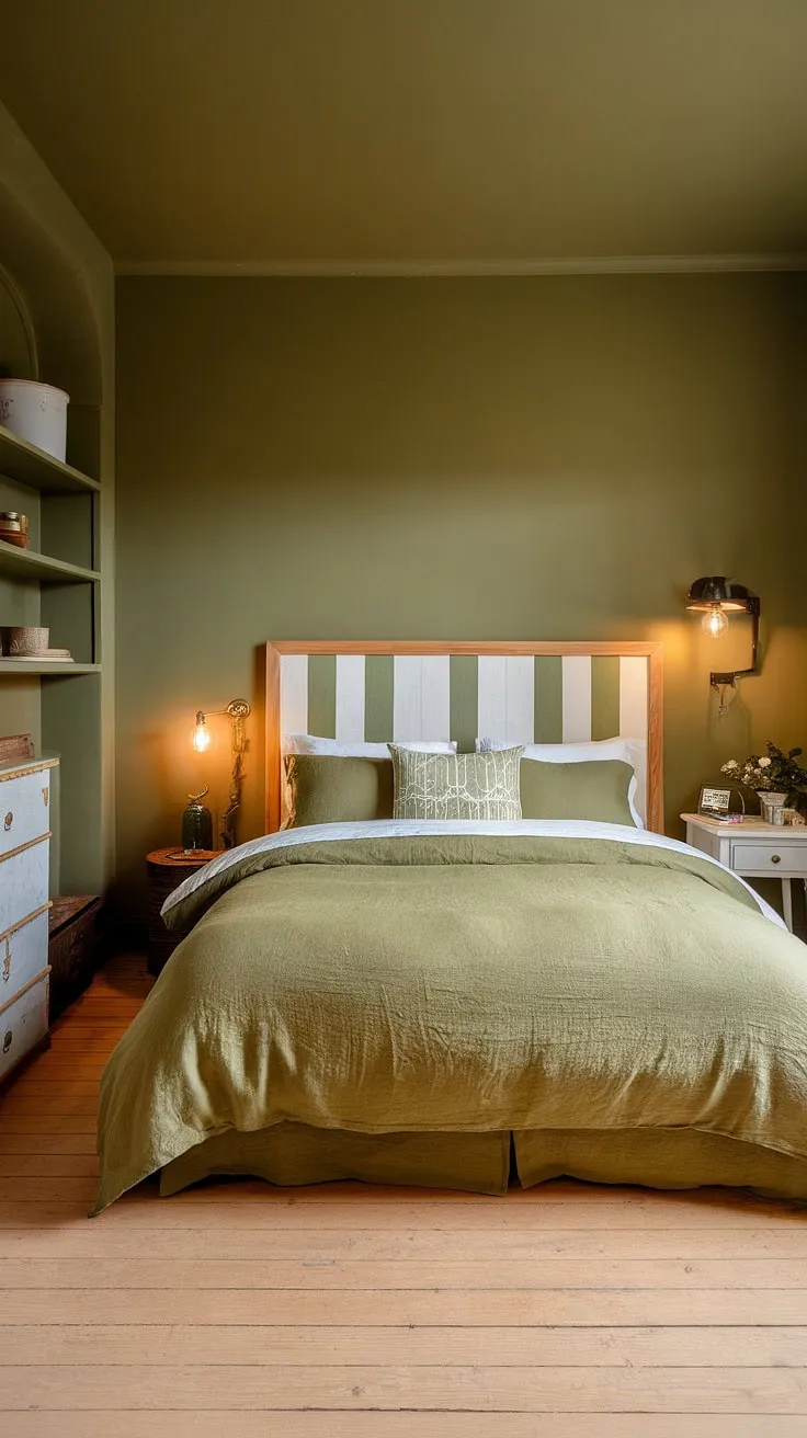 The olive green and white bedroom ideas come to life in this charming farmhouse-style space, showcasing olive green linen bedding, a wooden headboard, and warm lighting against gray and green walls.