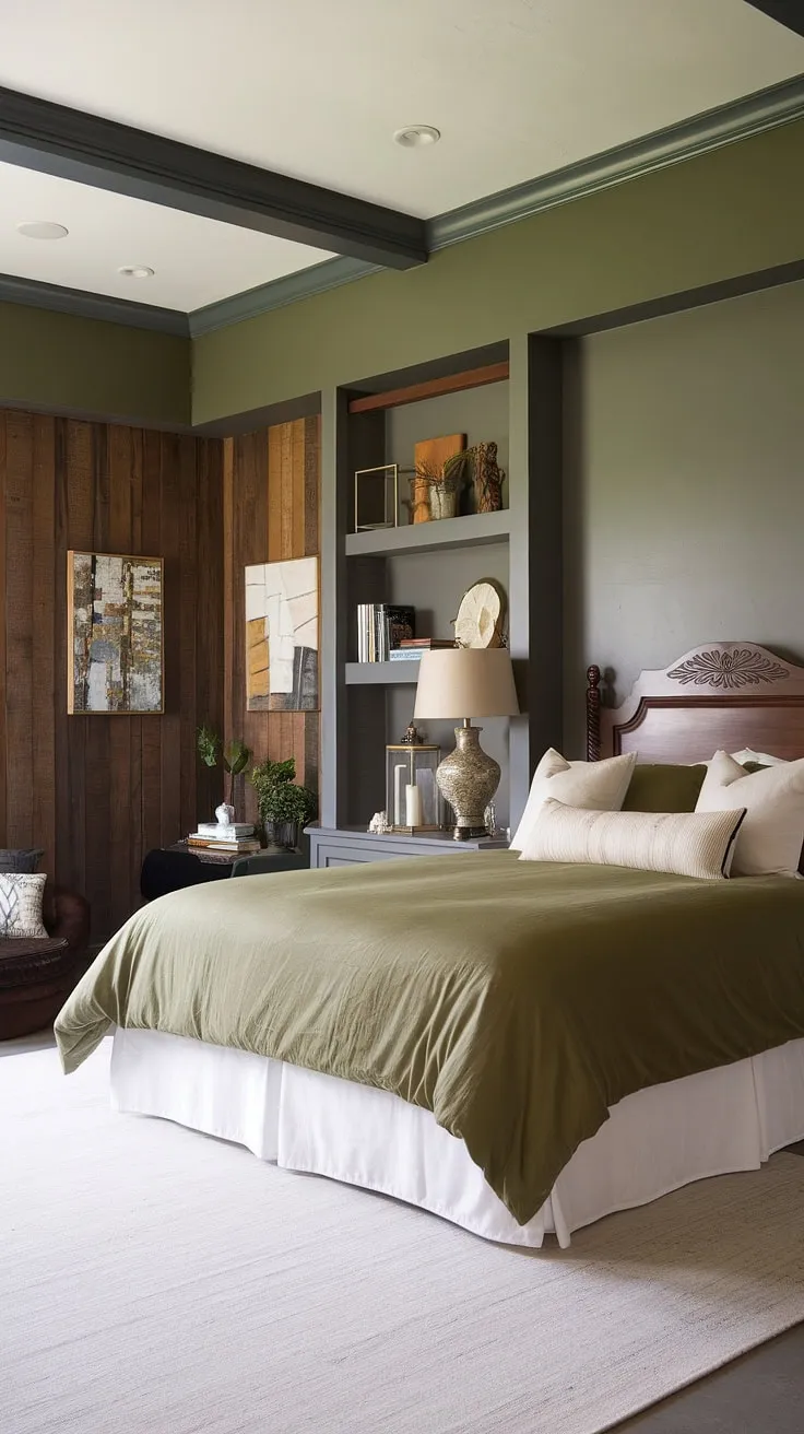 This olive green bedroom features a stylish olive green duvet, gray accent wall, and wood-paneled shelves, creating a cozy earth-toned apartment aesthetic.