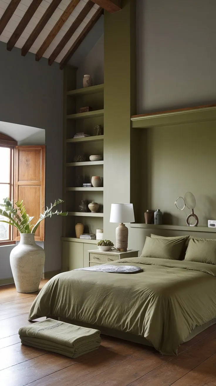 Featuring olive green and white bedroom ideas, this stylish apartment blends olive and wood elements with built-in shelves and natural light for a refreshing ambiance.