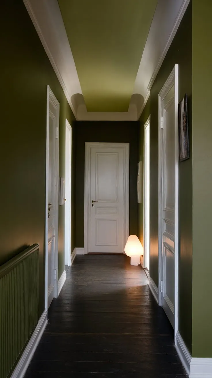 A dramatic monochrome hallway, painted in a deep green hue, punctuated by an olive green accent color. The dark green hallway paint creates a sophisticated atmosphere, while the white doors and a single floor lamp offer subtle contrast in this one color hallway.