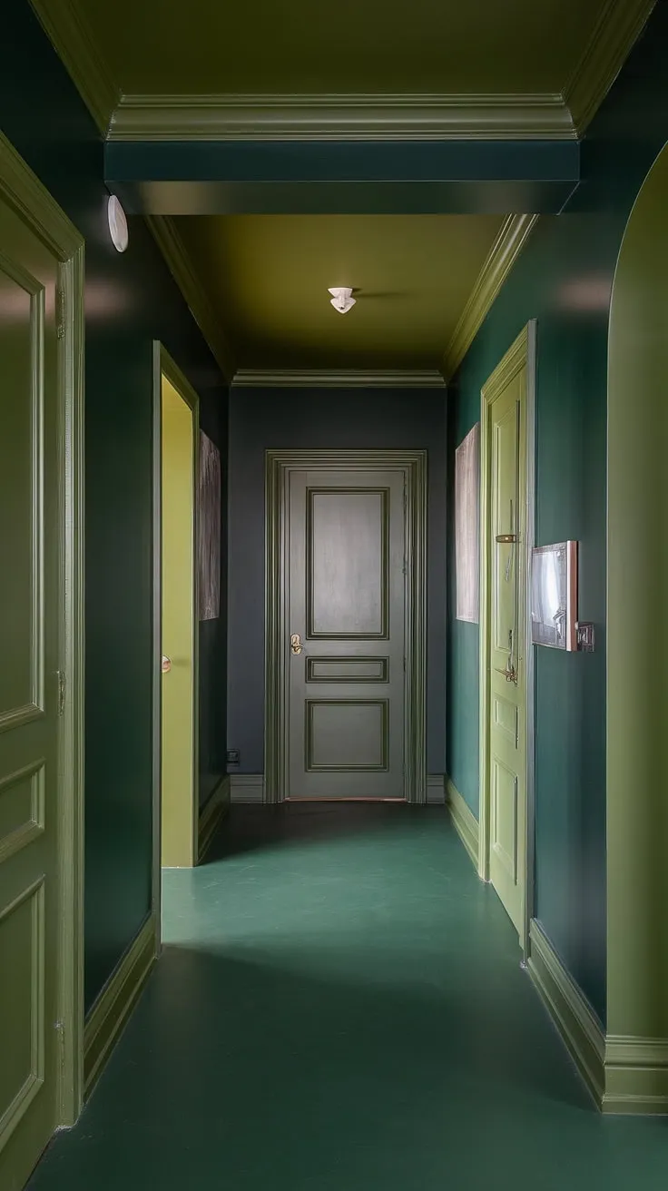 Stepping into this serene, one-color hallway is like entering a jewel box. The dark green hallway, painted in a rich, sophisticated shade, is accented with olive green details on the doors, creating a subtle yet striking monochrome hallway.  The hallway accent color perfectly complements the deep green hallway paint, resulting in a calming and utterly captivating space.