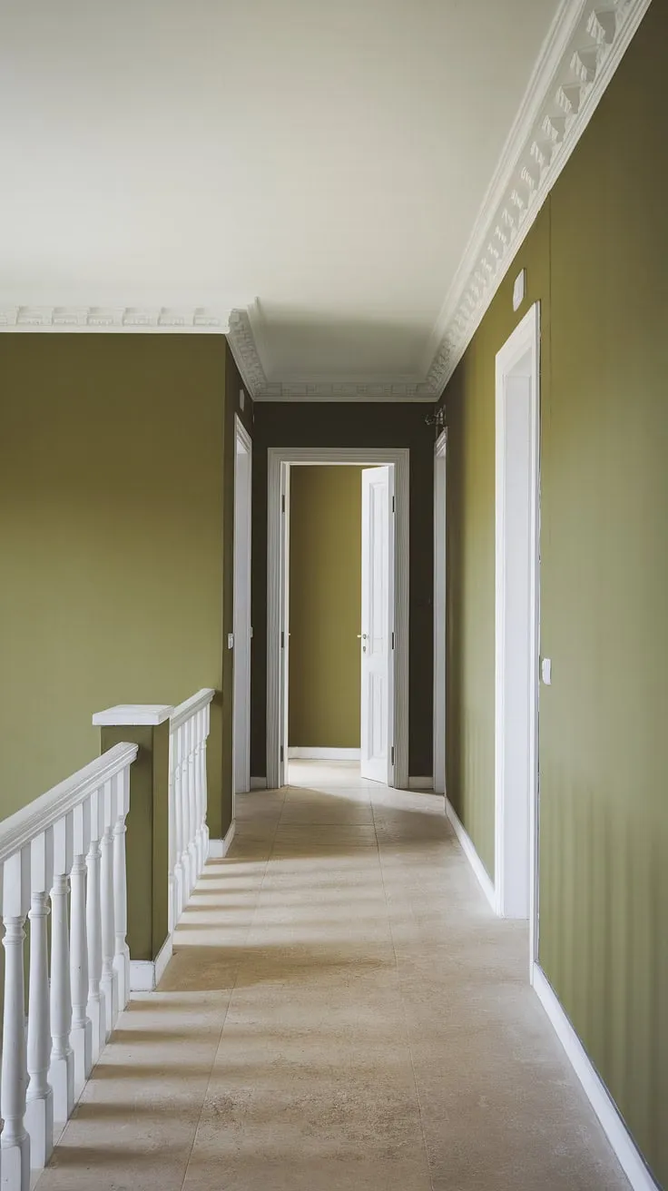 A painted hallway transformed: this monochrome hallway showcases the power of a single accent color. The olive green hallway, a rich and unexpected choice, creates a striking yet peaceful atmosphere.  The subtle interplay of light and shadow in this dark green hallway highlights the beauty of a well-executed one color hallway design.