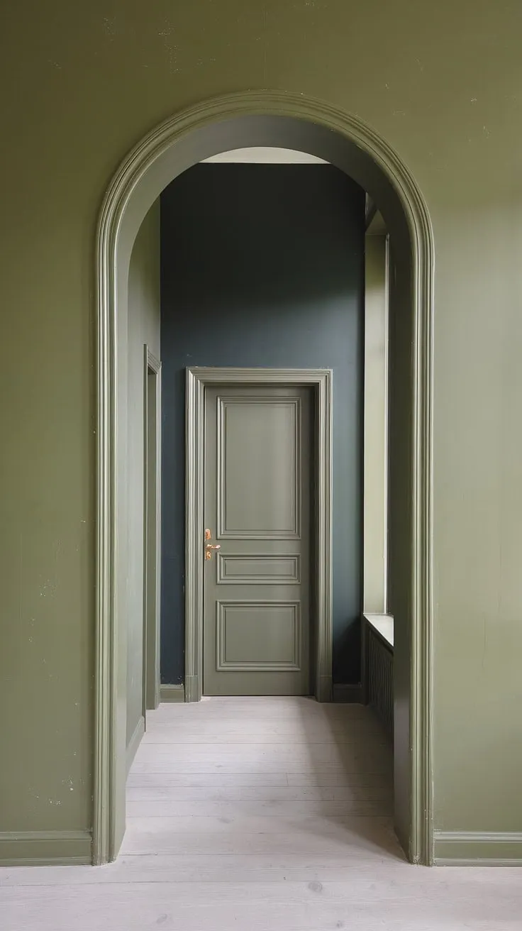 The olive green hallway, a study in monochrome calm.  The dark green accent wall adds a touch of depth to this painted hallway, showcasing the beauty of a one-color hallway design.  The light wood floor and subtle imperfections in the walls and doors only enhance the space's understated elegance.  A perfect example of how a simple green hallway paint choice can transform a home.