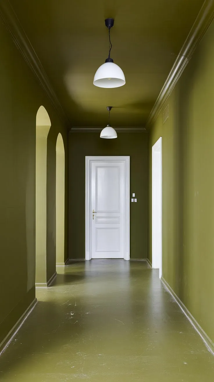 A deep dive into tranquility: this painted hallway, a study in one-color design, showcases the power of a single hue. The dark green hallway, with its olive green hallway walls, ceiling, and floor, is both dramatic and soothing.  The simple white accents only amplify the richness of the green hallway paint, making this monochrome hallway a truly captivating space.