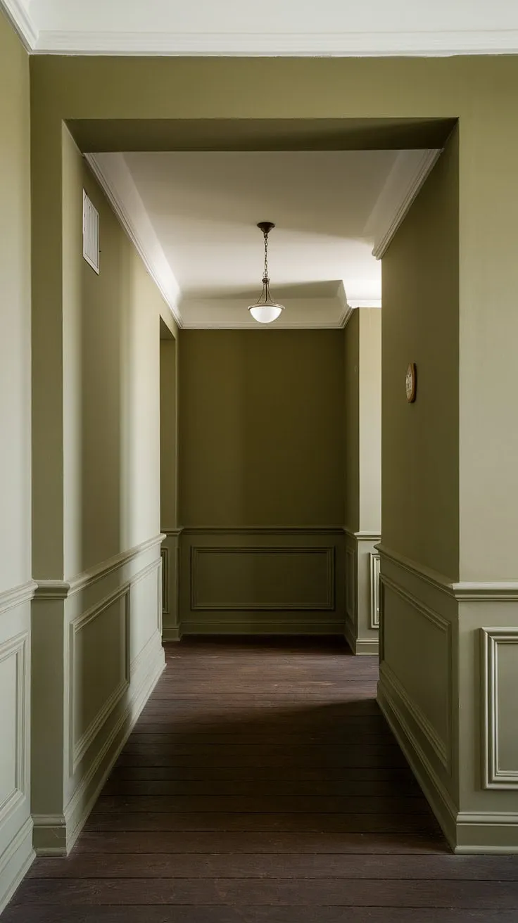 The soft light illuminates the serene olive green hallway, a monochrome hallway statement achieved with a simple yet striking green hallway paint.  The dark wood floor complements the hallway accent color perfectly, creating a one color hallway of understated elegance.