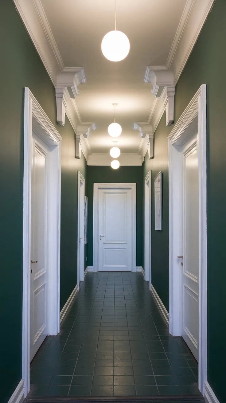 Step into serenity. This olive green hallway, a study in monochrome elegance, showcases the transformative power of a single accent color. The dark green hallway paint, complemented by crisp white trim and doors, creates a calming and sophisticated one-color hallway.
