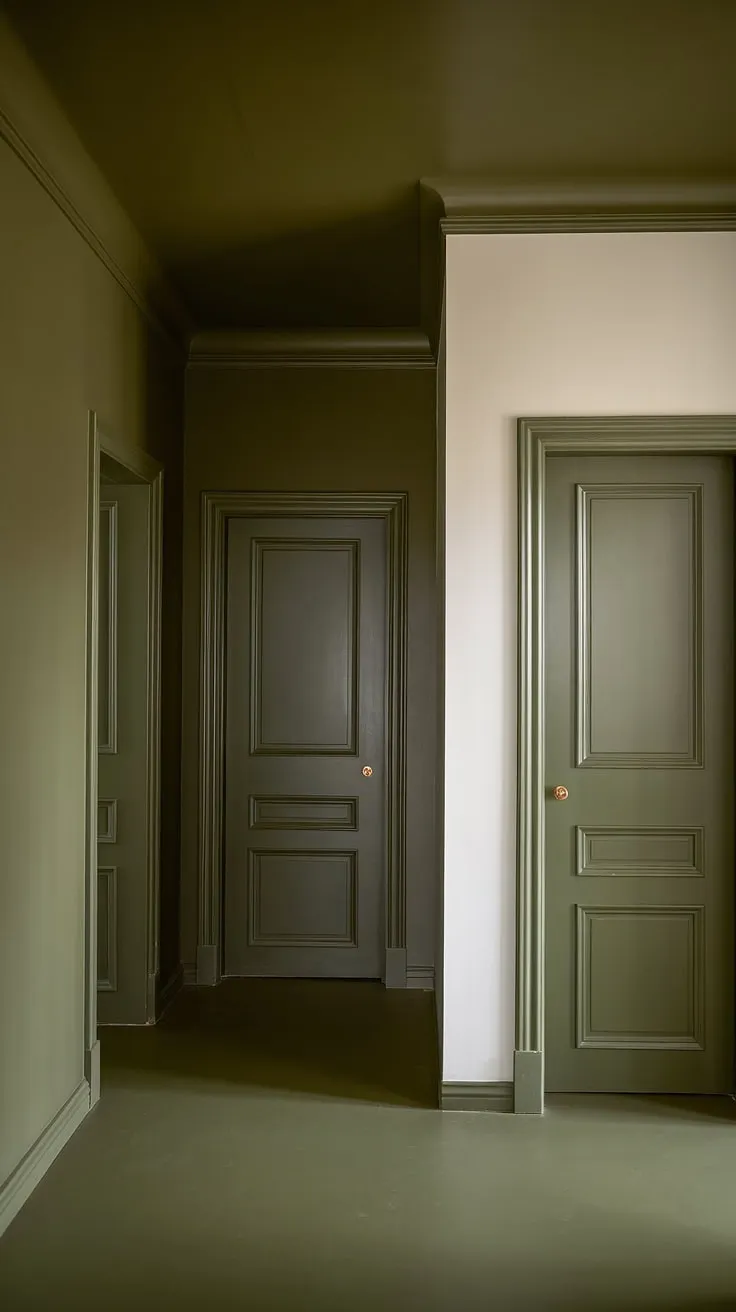 A painted hallway transformed: this dark green hallway, a study in monochrome, uses a single shade of green hallway paint to create a striking yet peaceful atmosphere.  The white accent wall and matching door add a touch of brightness to this unique one-color hallway.