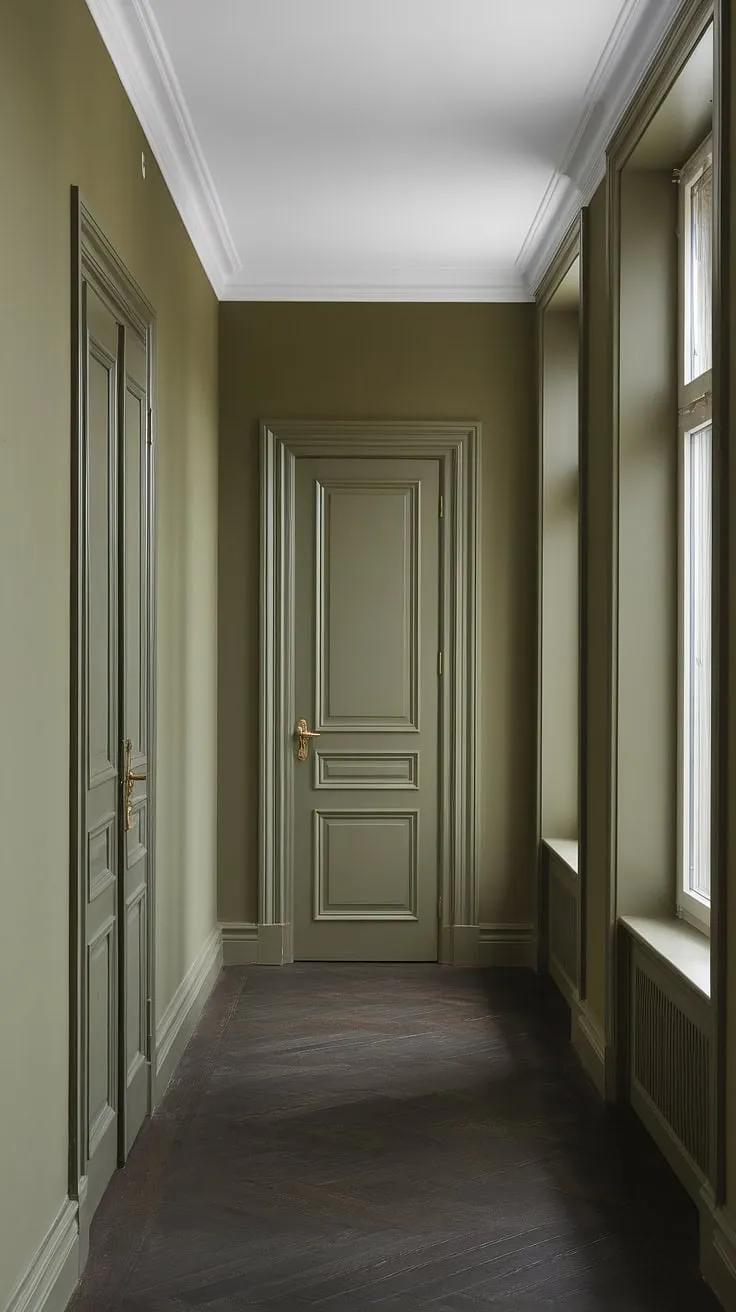 The olive green hallway, a study in monochrome elegance.  The dark green hallway paint creates a sophisticated atmosphere, a perfect example of a one color hallway with the hallway accent color setting a calming tone. The dark wood floor complements the painted hallway beautifully, leading the eye to the light streaming in from the window.