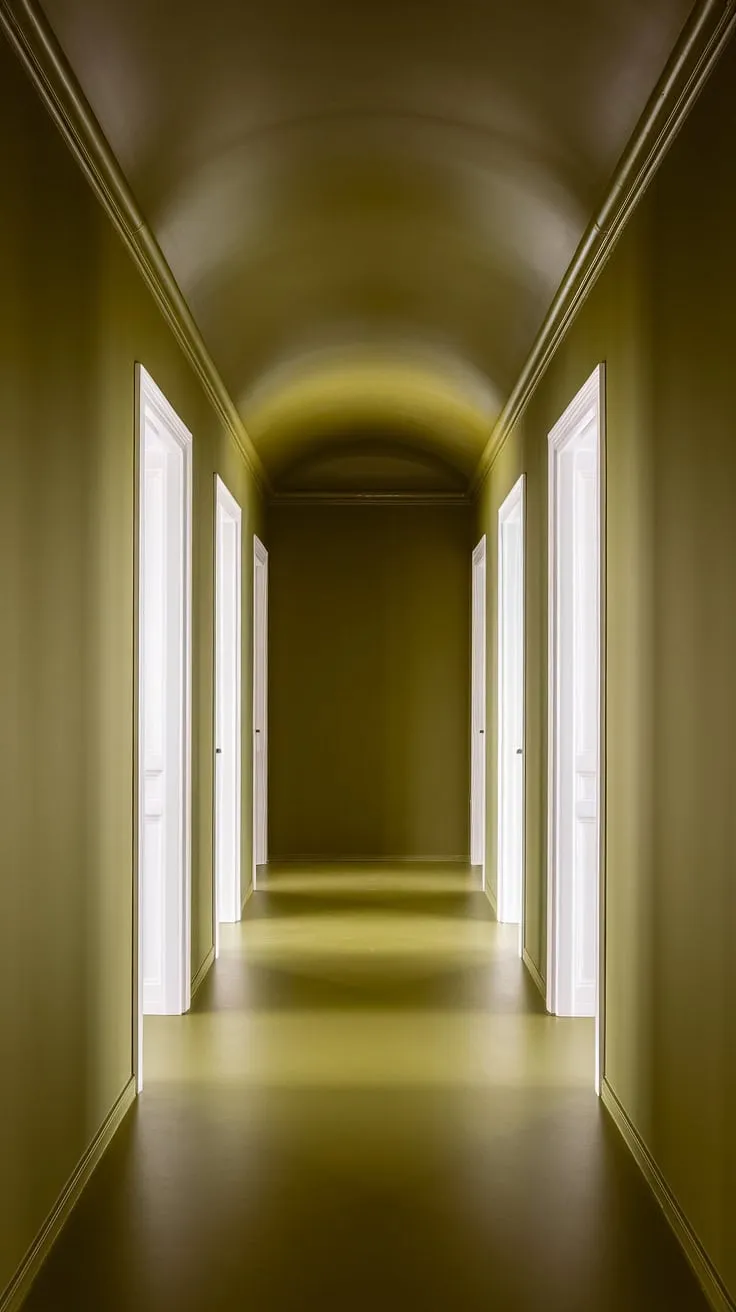 A study in shades: this dark green hallway is a masterclass in monochrome design.  The olive green hallway, painted in a single, calming hue, is elevated by the interplay of light and shadow, showcasing the beauty of a one-color hallway and the impact of a well-chosen hallway accent color. The green hallway paint perfectly unifies the space.
